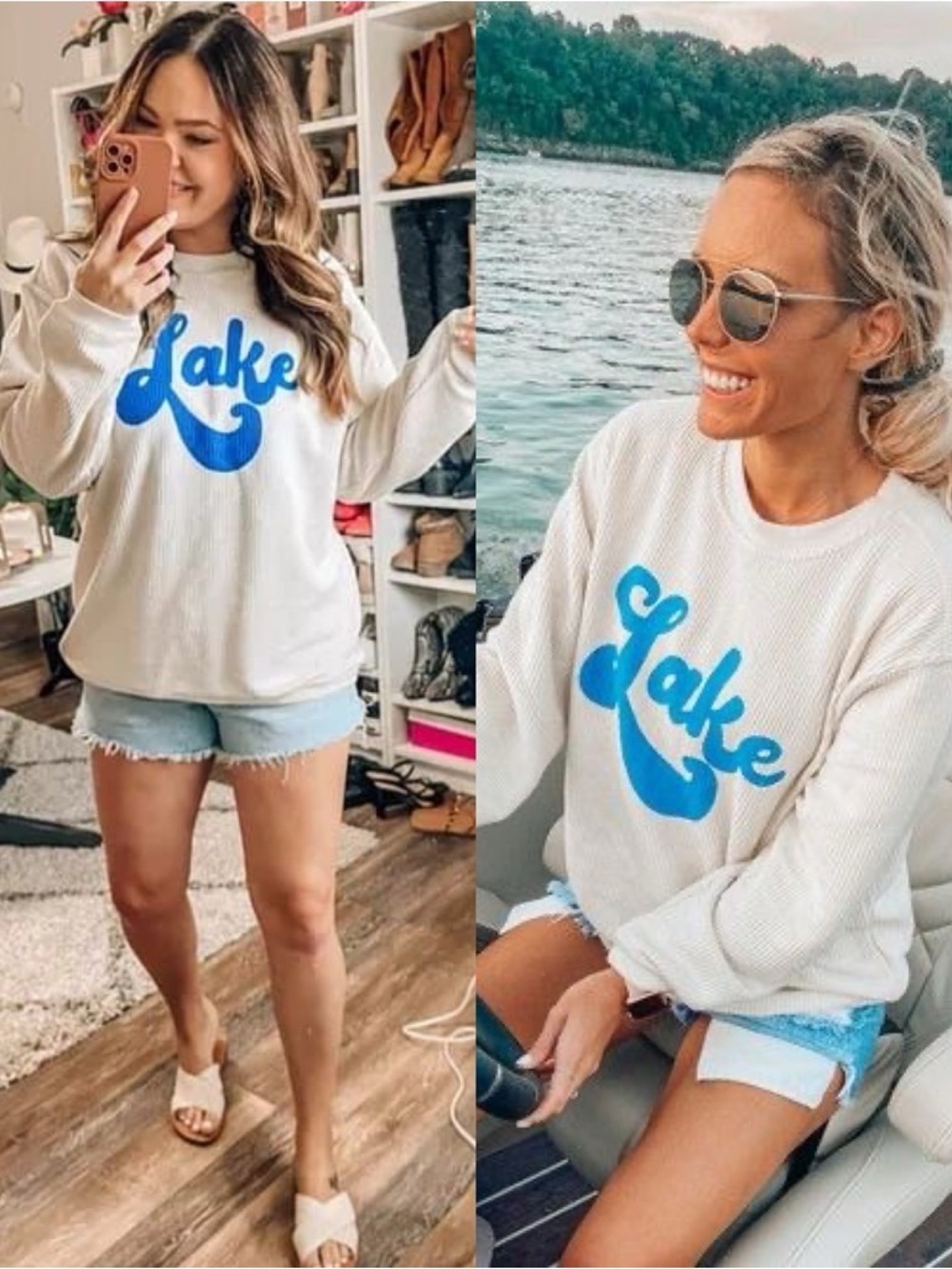 Lake Graphic Sweatshirt Medium Coastal Cottagecore Blue White Pullover - Picture 2 of 8